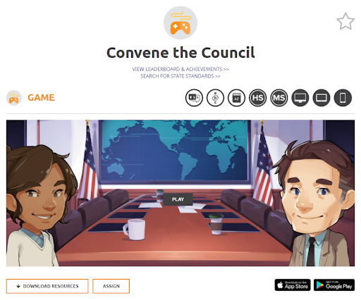 visual of a Convene the Council game on iCivics that showcases different features available to teachers