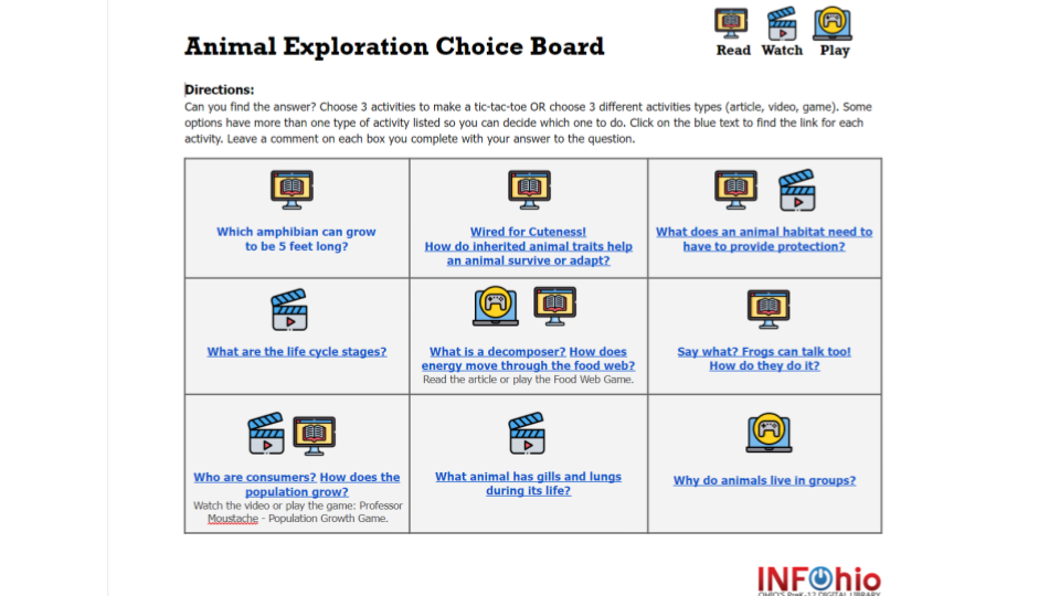 Animal Exploration Choice Board