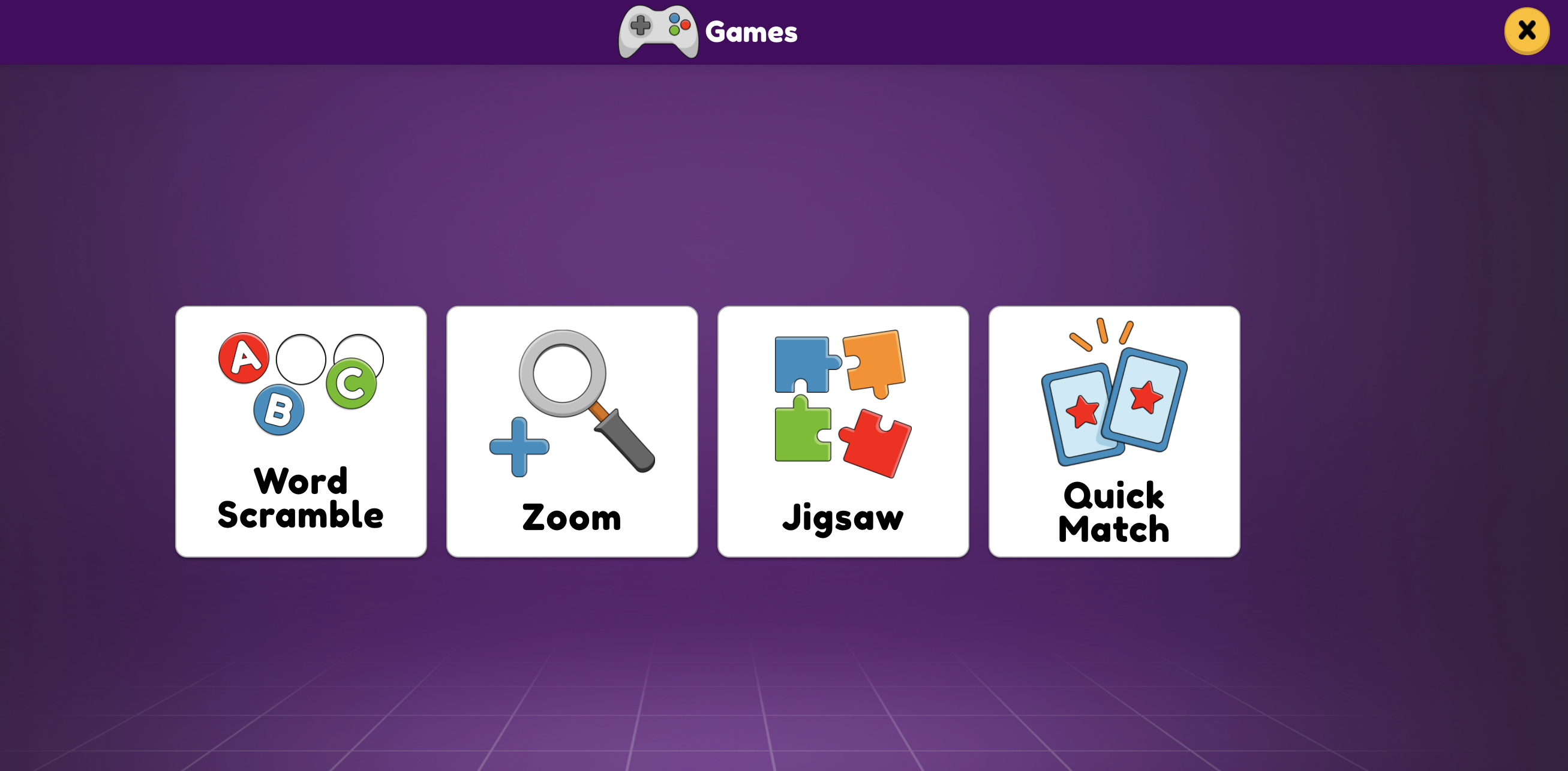 PebbleGo Next games include word scramble, zoom, jigsaw, and quick match.