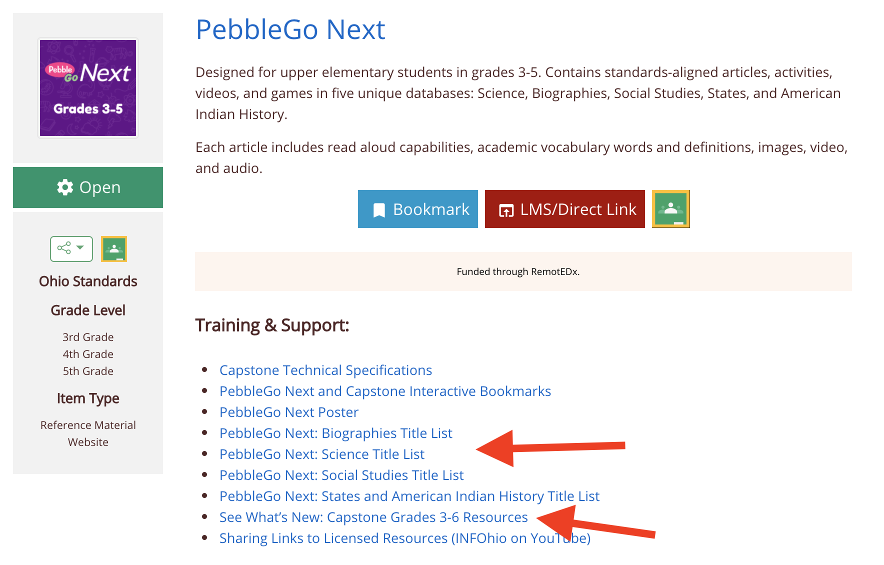 PebbleGo Next information page.