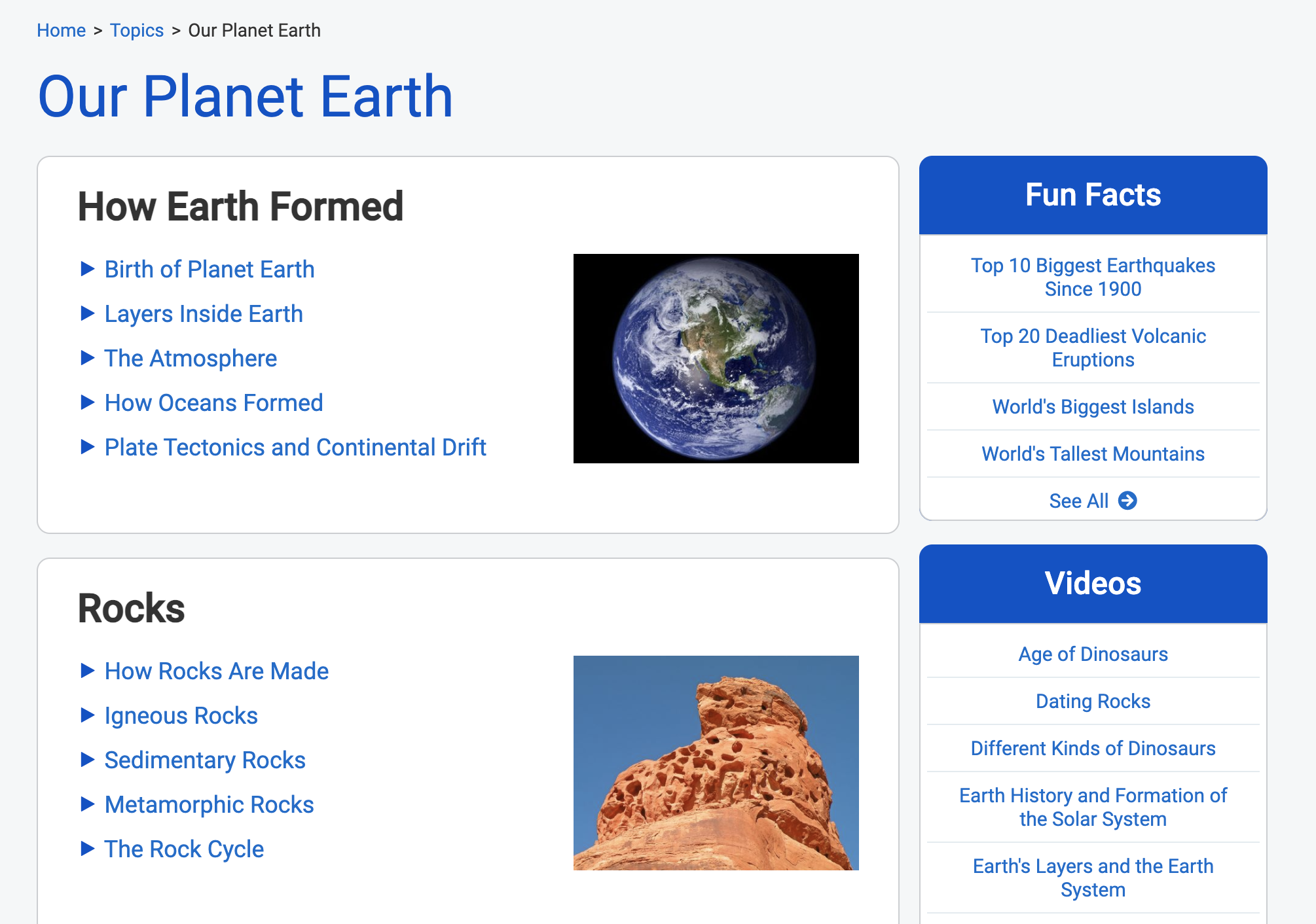 List of subtopics for Our Planet Earth and Rocks.