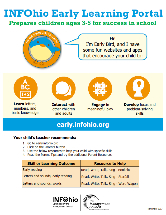 INFOhio Early Learning Portal Parent Handout with Literacy Resources