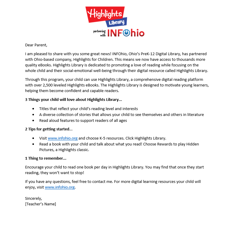 Highlights Library Parent Letter