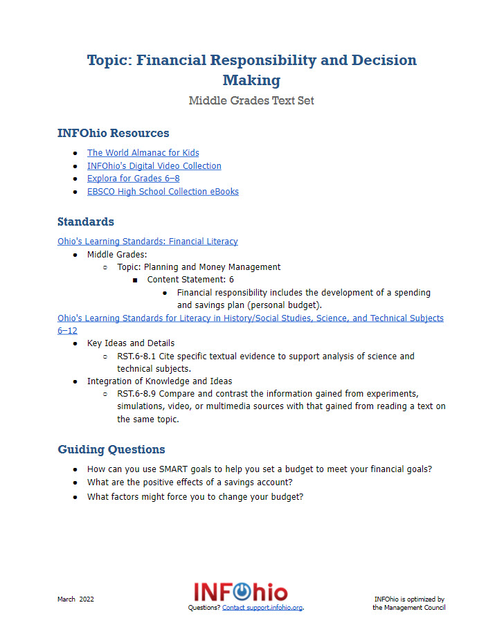Grades 6–8 Financial Responsibility and Decision Making Text Set
