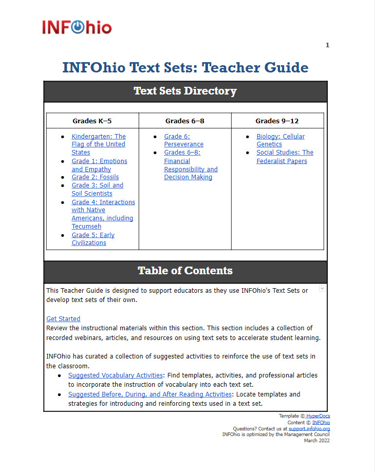 INFOhio Text Sets: Teacher Guide
