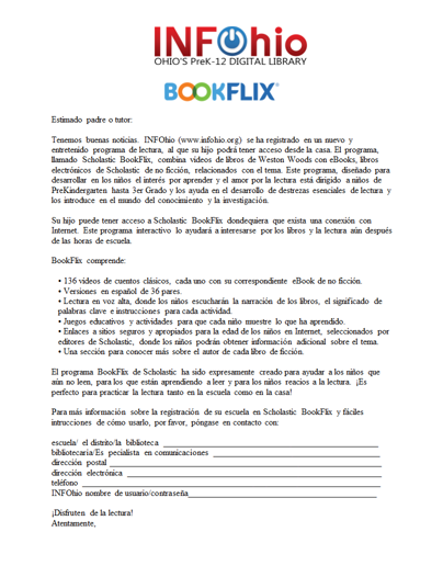 BookFlix Parent Letter (Spanish)